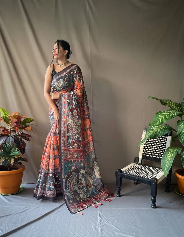 Goldfish_Orange_Soft_Cotton_Kalamkari_Print_Saree_With_Blouse_Piece_Attached
